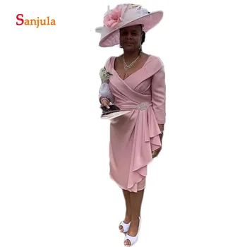 

Pink Chiffon Groom Mother Dresses Knee Length Sheath 3/4 Sleeve Elegant Mother of the Bride Dresses Ruffles Beaded Formal D1287