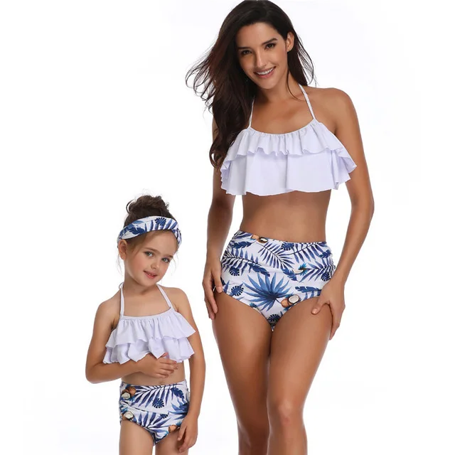 LOOZYKIT/одинаковые купальники для всей семьи; купальник «Мама и я»; одежда для мамы и дочки; платье; бикини с высокой талией; пляжный купальник для маленьких девочек - Цвет: white-blue