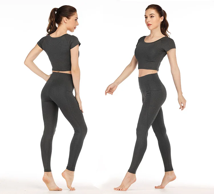 Midriff-baring спортивный костюм для женщин комплект из 2 предметов для йоги футболка+ брюки Быстросохнущий карман дизайн колготки леггинсы Женская спортивная одежда