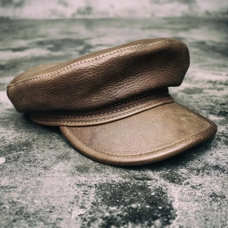 light brown Роскошная, кожаная, настоящая, для влюбленных, панк, военная шапка, ретро берет, Goro, женская шапка, Bini, мужская, для двигателя, bik hat - Цвет: light brown
