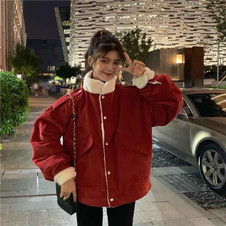 

Photo Shoot Korean-style Loose-Fit Stand Collar Lambs Wool Cotton-padded Clothes Cotton Coat Thick Coat