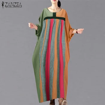 

ZANZEA Plus Size Women Striped Dress Spring Long Sundress Vintage Bat Sleeve Loose Cotton Linen Dress Patchwork Vestido Female