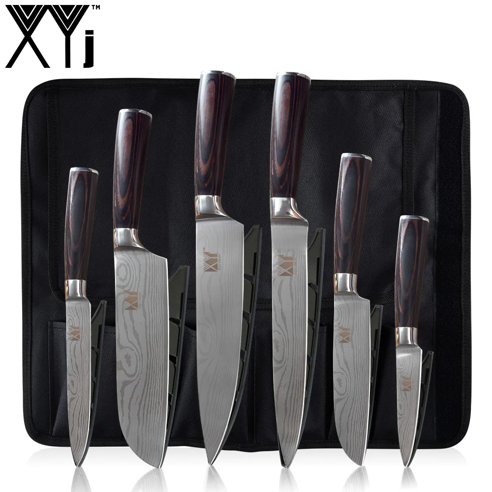 XYj дамасский узор Satinless стальной набор кухонных ножей 6 шт Дамасские жилы кухонный Кливер и многофункциональный нож сумка для хранения - Цвет: D