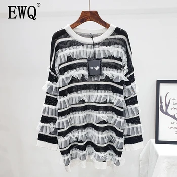 

[EWQ] 2020 Spring Autumn New Striped High Street Loose Slim Wild Full Sleeve Lapel Collar Fashion Women's Pullover Sweater TX973