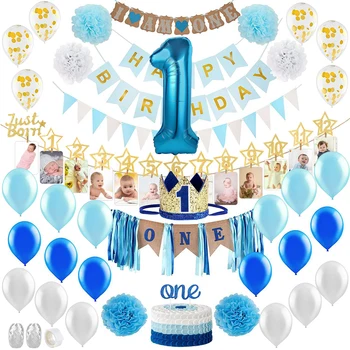 

1 Year Old Baby Birthday Party Decoration First Birthday Baby Shower Decorations Blue Baby Boy Girl Party Set Banner Balloon