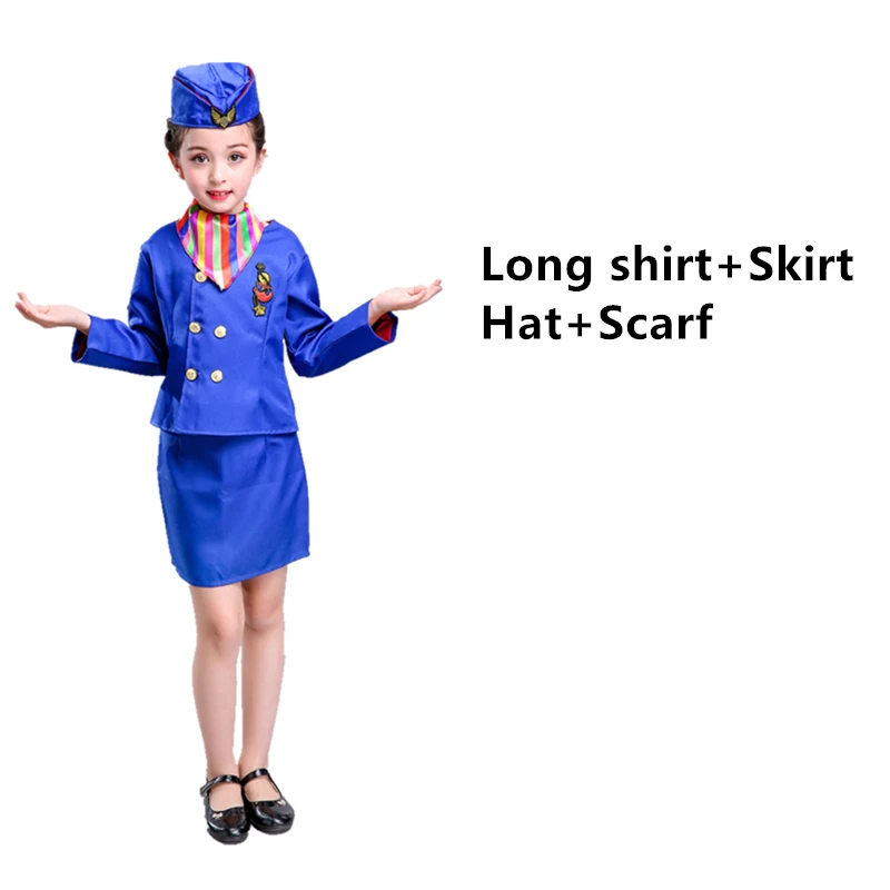 Long set 2 Костюм стюардессы для девочек, для детей, для Хэллоуина, косплей, стюардессы, униформа для стюарда, вечерние костюмы для выступлений для девочек, 100-160 см - Цвет: Long set 2