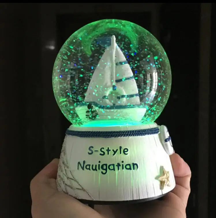 YM 727 Blue Mediterranean sailing snowflake crystal lantern crystal music box