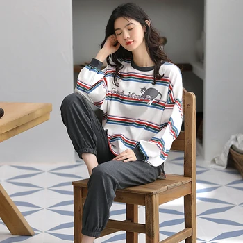 

XIZOU Long Sleeves Long Pants Pajamas Sets Cartoon Cotton Plaid Women's Pyjamas Loungewear Home Suit Autumn Winter Pijamas