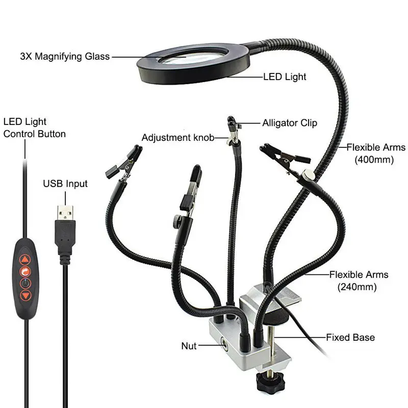 

3X Magnifier Bench Vise Table Clamp Soldering Helping Hand Soldering Station USB Flexible Arms Third Hand Tools With Led Light