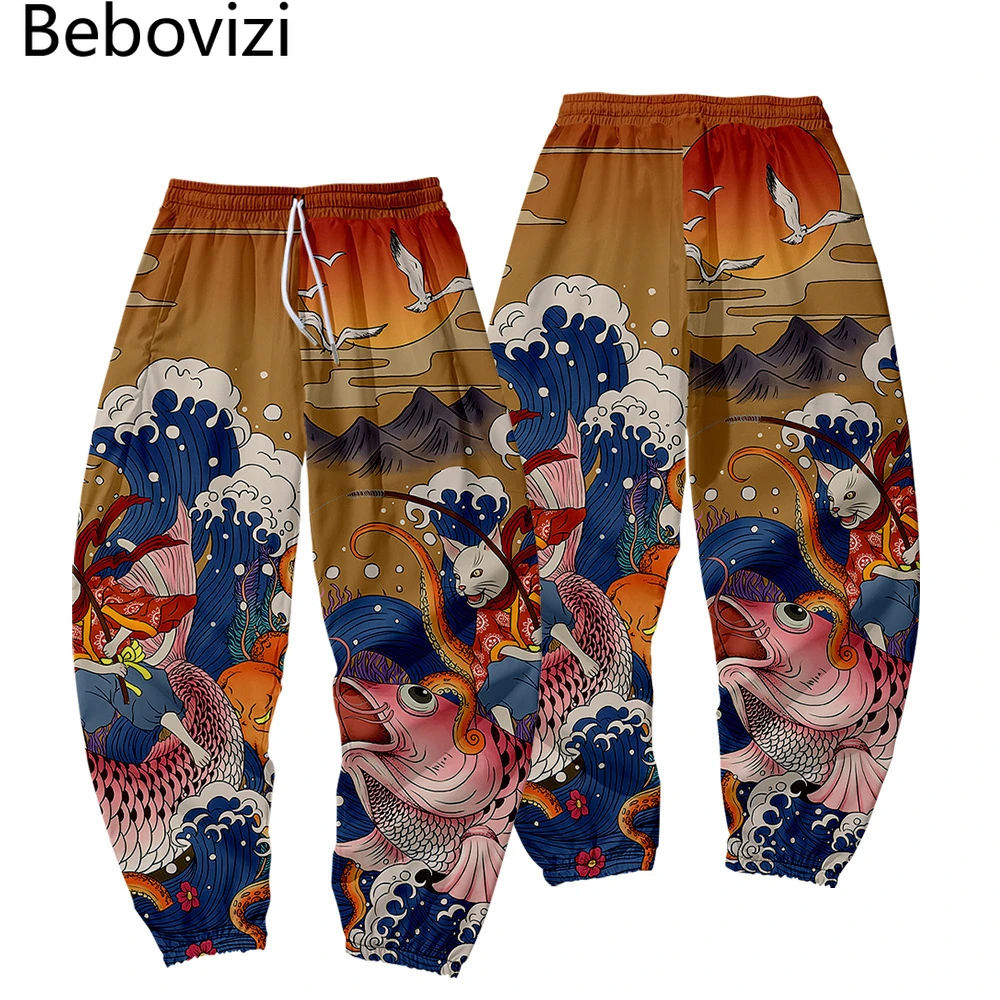 Japanese-Ukiyo-e-Fish-Print-Vintage-Sweatpants-Men-Multi-Pocket-Cargo ...