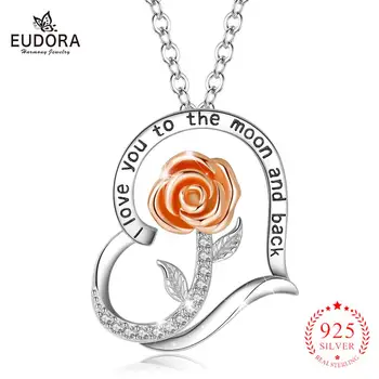 

Eudora 925 Sterling Silver Rose gold rose Necklace I love you Pendant Statement Necklace Women Without Chain Plant Series D516