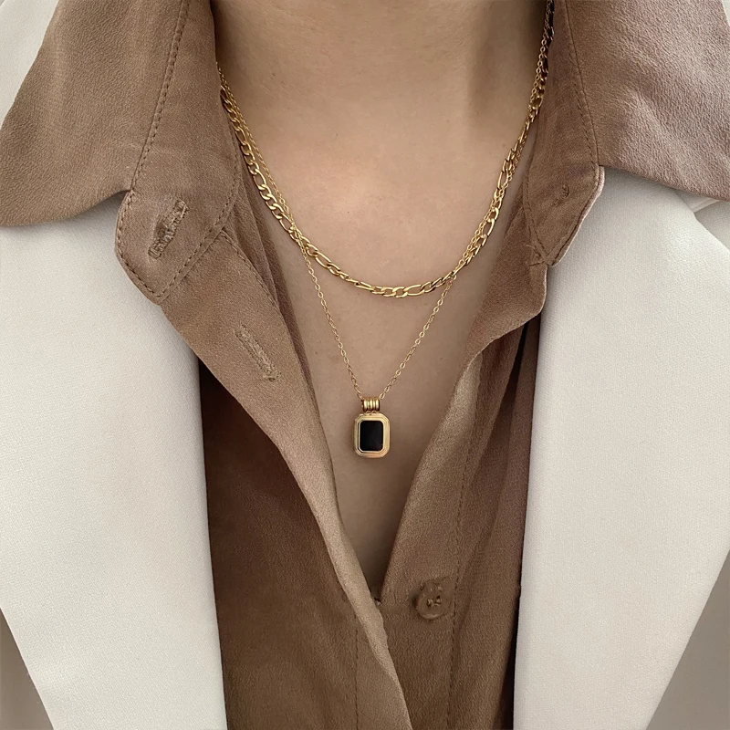 Peri'sBox Double Layered Square Black Shell Necklaces Flat Figaro Chain Necklaces for Women Vintage Titanium Steel Necklace - Image 2