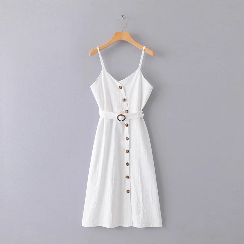 

2019 Spring Europe And America WOMEN'S Dress New Style Button Belt Strapped Dress 1530
