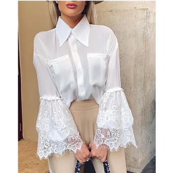 

White LCe Eyelash Shirt Blouse Women Bell Sleeve Casual Sweet Blouse Long Sleeve TurnDown Collar Shirt Tops