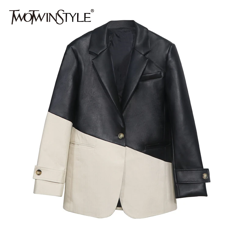 

TWOTWINSTYLE Patchwork PU Leather Women's Blazer Coat Lapel Collar Long Sleeve Loose Hit Color For Female Casual Coats 2020