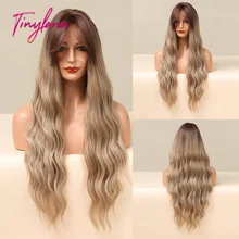 

TINY LANA Long Ombre Brown Blonde Body Wavy Synthetic Wigs with Bangs For Women Daily Natural Hair Cosplay Heat Resistant Wigs