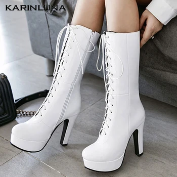 

Karinluna New Large Size 44 Platform Shoelaces High Heels Winter Woman Shoes mid-calf Boots