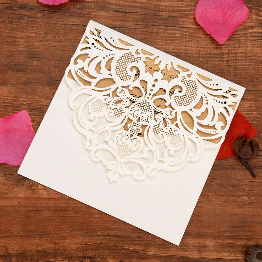  10Pcs European Style Pearl Paper Floral Invitation Cards Laser Cut Bee Pattern Wedding Invitations  - 4000063298169