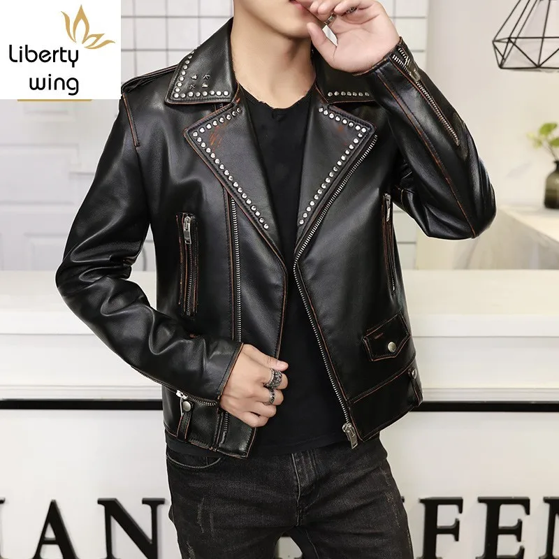 

High Quality Luxury Sheepskin Outerwear Men Punk Zipper Slim Fit Genuine Leather Coat Vintage Rivet Black Biker Jacket Male 2XL