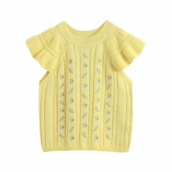 

Floral embroidery women knitted yellow tops 2020 fashion ladies bomb shirts party female sweet knitwear tops girls chic blouses