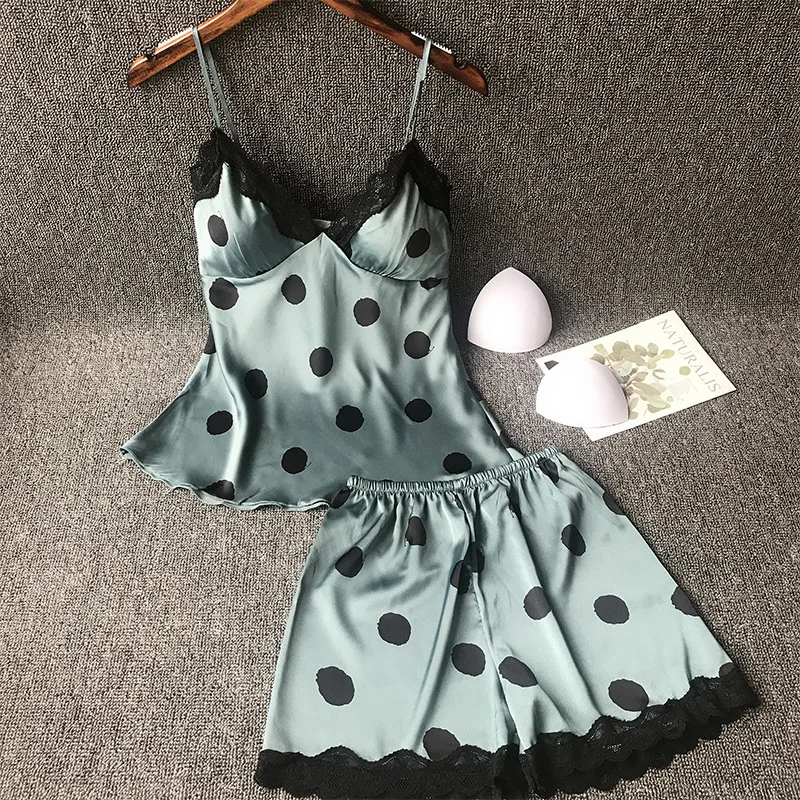 Polka Dot Spaghetti Strap Pajamas for Women Silk Night Suits Satin Pyjamas Women Sexy Pijama with Chest Pad Lingerie Sleepwear