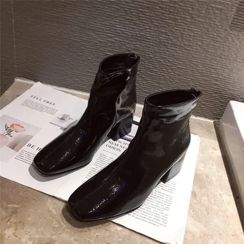 

Warm 2020 Women Fur Ankle Boots Patent leather Winter Square Toe Zipper Gothic Boots Red Thick High Heels Shoes Bota Feminina
