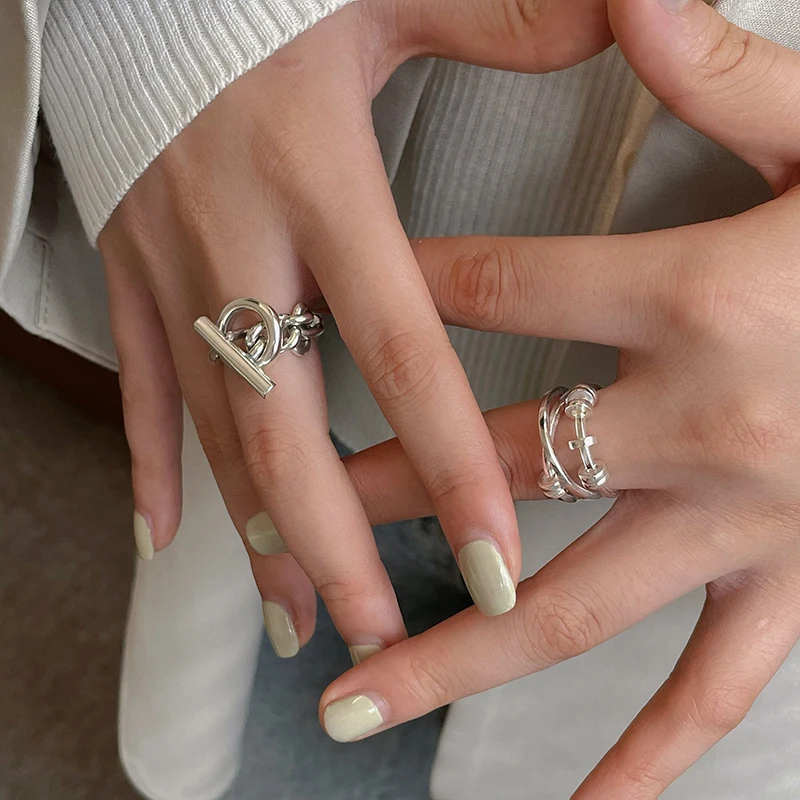 XIYANIKE Silver Color Unique OT Buckle Chain Fashion Multi-layer Cross Round Silver Ring Personalized Party Punk Jewelry 2