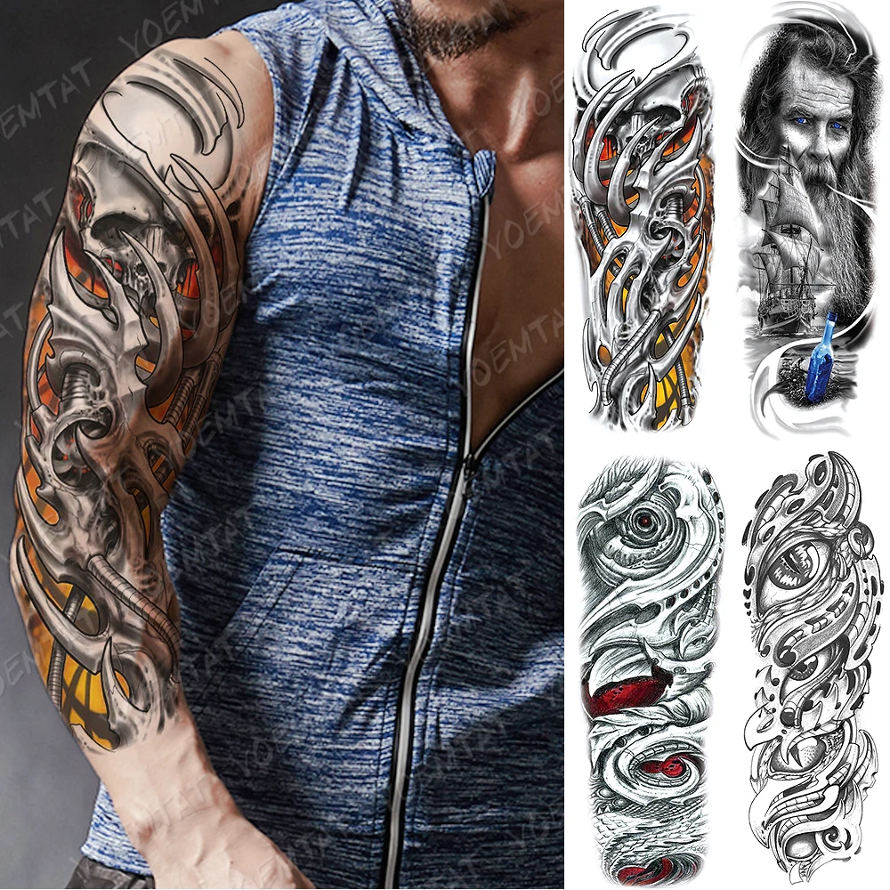 

Large Arm Sleeve Tattoo Machinery Gear Skull Waterproof Temporary Tatto Sticker Sailing Body Art Full Fake Tatoo Women Men