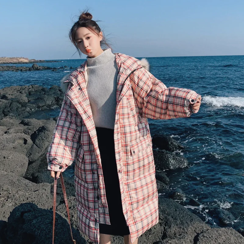 

Large Fur Collar Hooded Cotton Coat Women's Mid-length Winter New Style Korean-style Loose-Fit BF Students Plaid Cotton-padded C