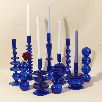 Blue Candle Holders Hydroponic glass vase Candlesticks for Dinner Wendding Party decoration Romantic candle holder home decor