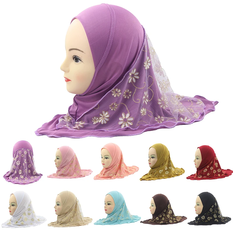

Fashion Accessories Girls Kids Muslim Hijab Islamic Arab Scarf Shawls Flower Pattern For 3-8 Years Old Girl