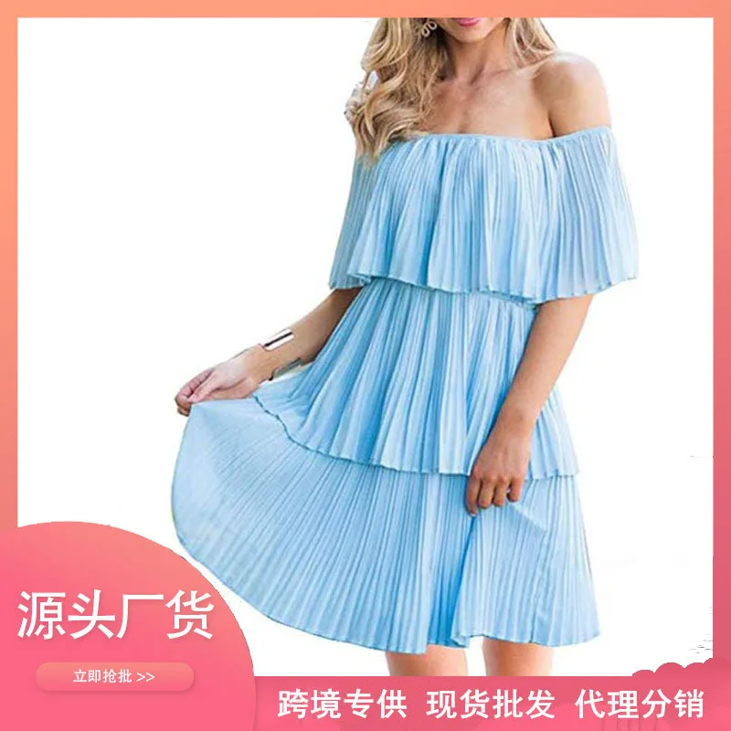 

New Style Europe And America Dress Hot Selling Solid Color Wrap-around Horizontal Neck Sexy Dress