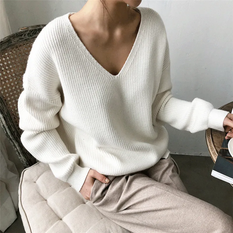

Womens Sweaters Autumn Winter Casual V Neck Women Pullover Sweater Solid Long Sleeve Fashion Loose Knitted Cashmere Pull Femme