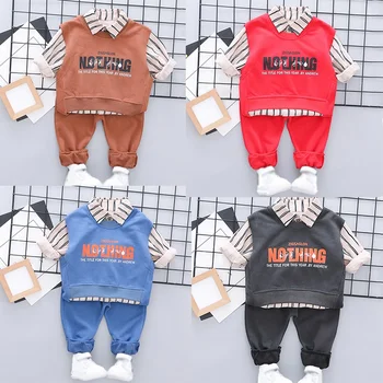 

Baby Boy Cute Long Sleeve Handsome Striped Print Shirt Letters Sleeveless Autumn Sweatshirt Trousers Casual Outfits