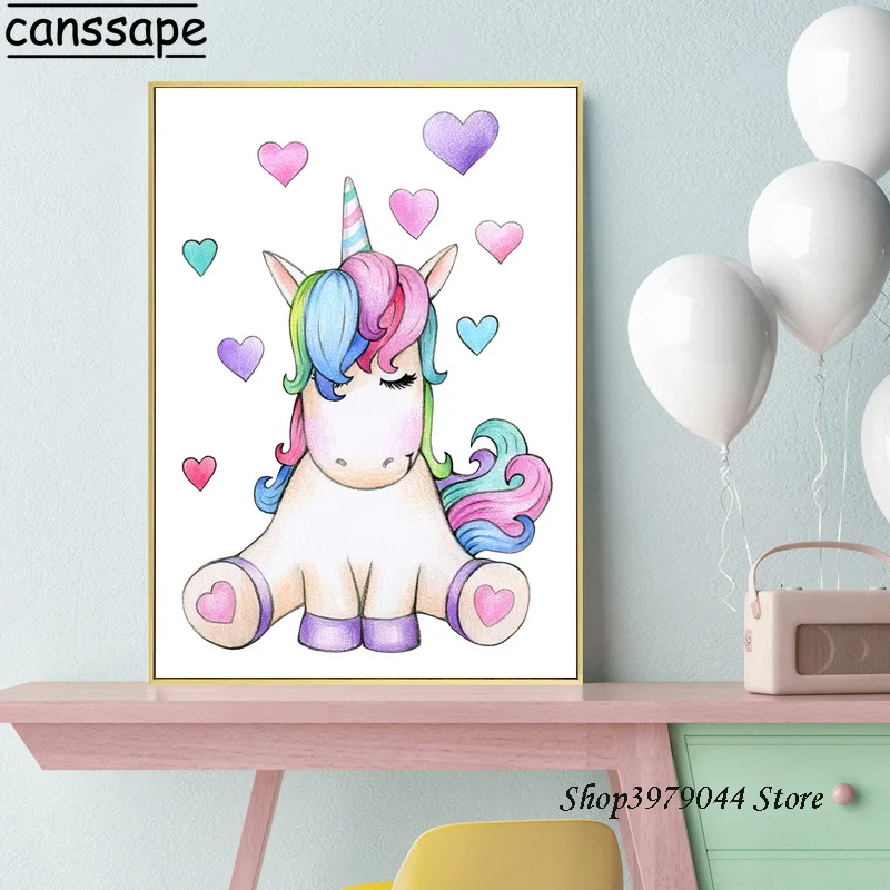 Unicorn Poster Nursery Wall Art Print Watercolor Hearts Canvas Painting