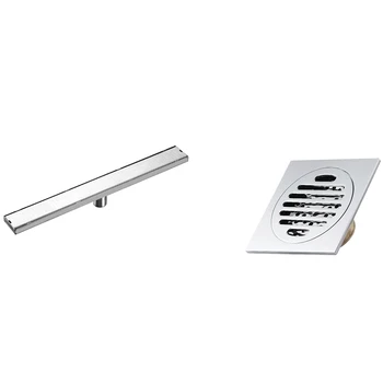 

1x 60cm Stainless Steel Shower Floor Drain Long Drainage Square & 2Pcs Drains Floor Cover Anti-Odor Floor Drain 10X10cm