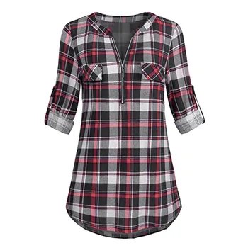 

Women Casual Rolled Sleeve Zipped V-Neck Plaid Printed Shirt Tunic Tops Blouse Plaid Print Button Shirts Feminina 2019