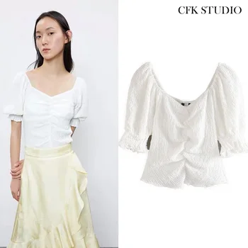 

Za Women Casual T-shirt with Slash Neck Ruffles Half Sleeve Summer Loose Top Femme Basic Loose Chiffon Tee White Top