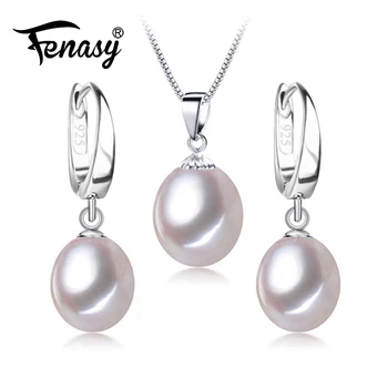 

FENASY Brand 925 Sterling Silver Jewelry Sets Natural Pearl Drop Earrings Custom Classic Pendant Chain Necklace For Women