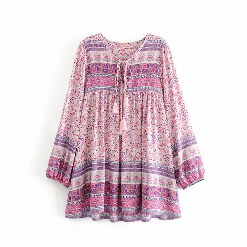 Boho chic happie женское розовое Цветочное платье с длинным рукавом, кисточками и оборками, Пляжное богемное мини-платье, женское Свободное платье с v-образным вырезом, вискозное платье - Цвет: as picture
