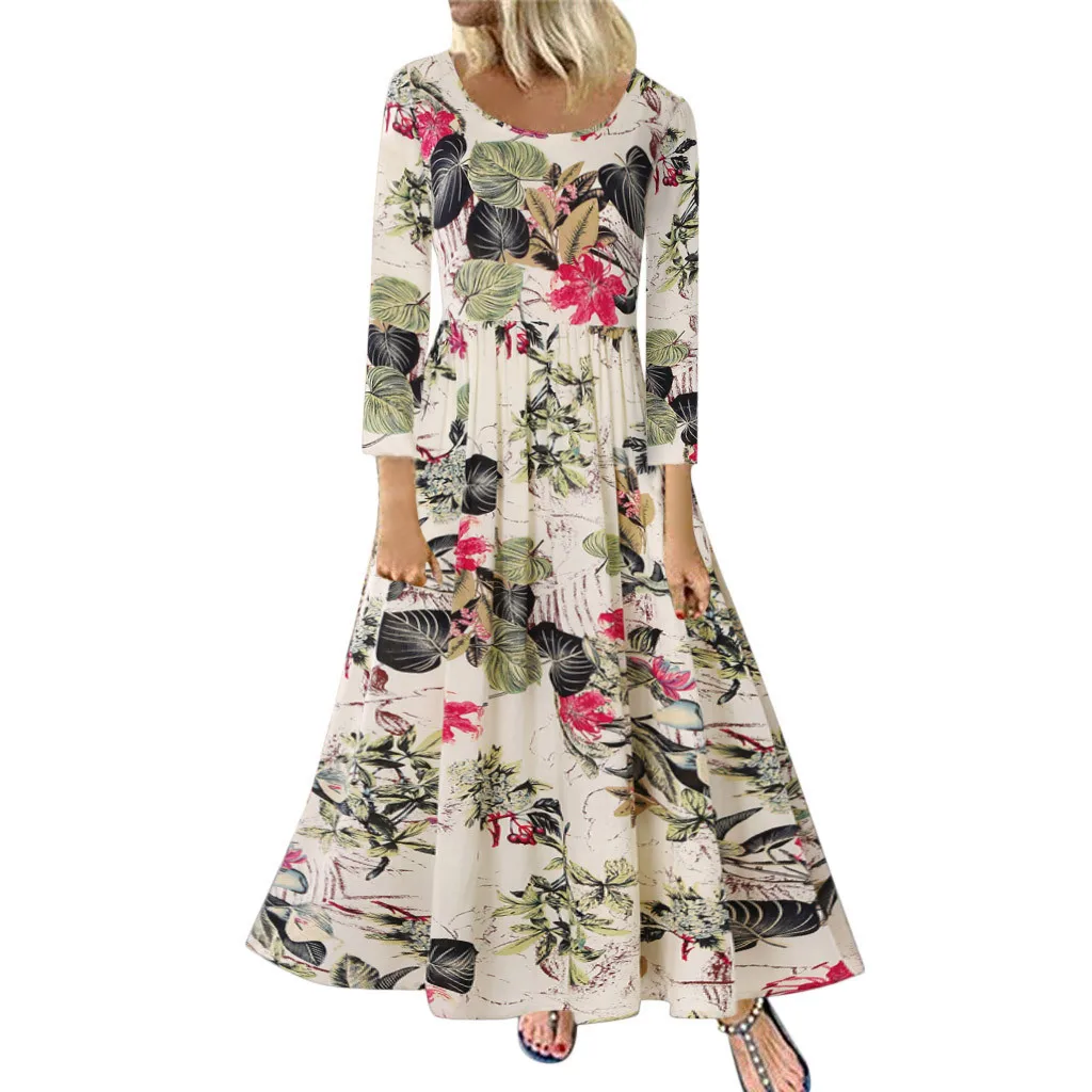 JAYCOSIN boho pint Длинное Платье женское винтажное платье с волнистым принтом и длинным рукавом с круглым вырезом Макси Сарафан женский плюс Мода vestidos 9808