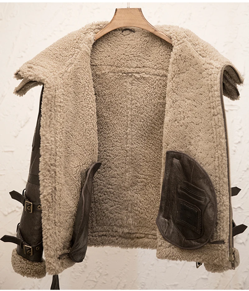 Зимняя мужская мода, овечий мех, овчина, кожа, шерсть, подкладка, двойной воротник, дизайн, байкерская куртка, пальто