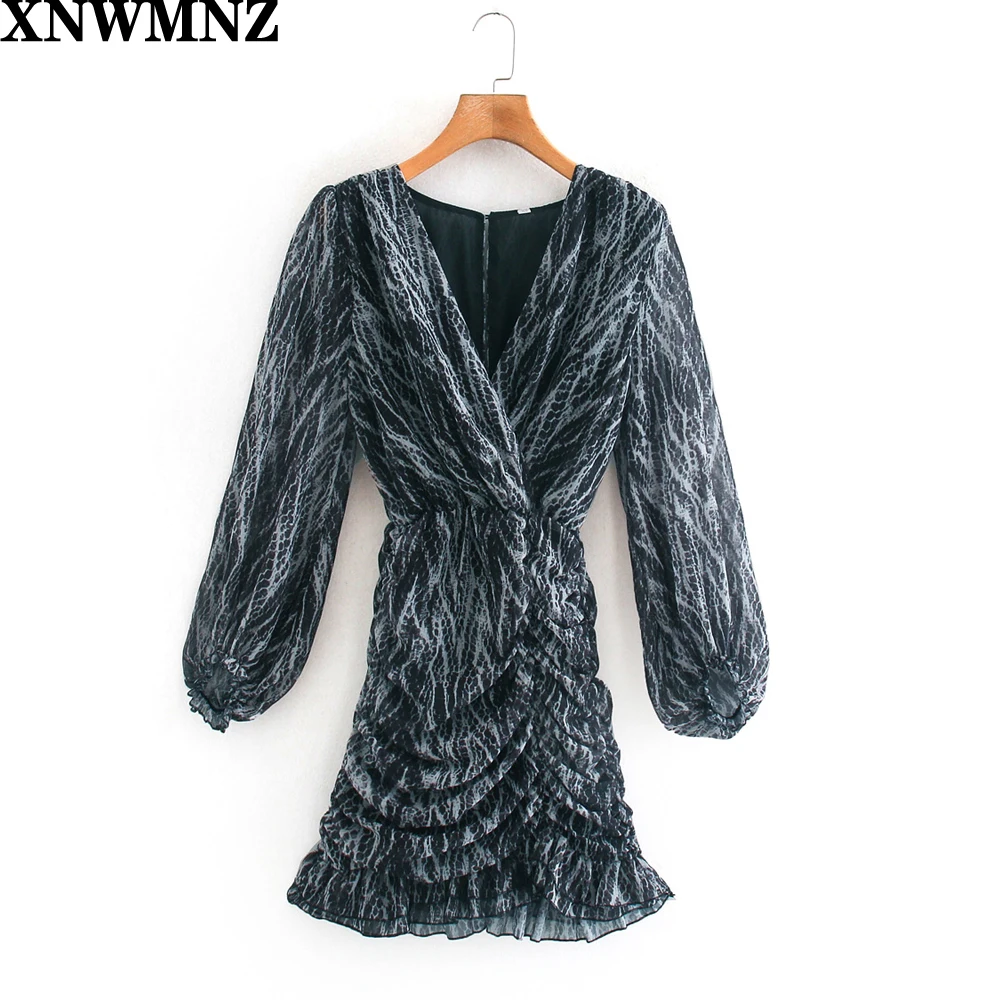 

XNWMNZ za women animal print draped dress Mini dress with a V-neckline long sleeves Asymmetric hem with gathering ruffle trims