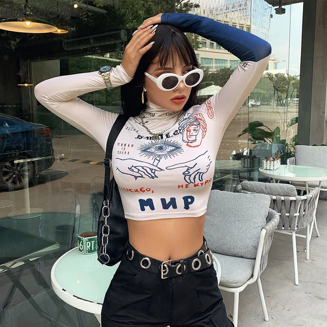 US $6.99 Weirdgirl full sleeve turtleneck tshirt women short tops autumn fashion new print hip-hop pullovers