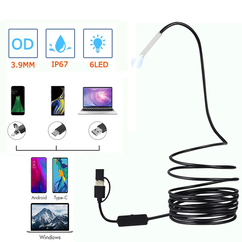 

3.9MM HD 1080P Android Endoscope 3 in 1 USB/Micro/Type-C Borescope Inspection Camera Waterproof for Smartphone with OTG UVC PC