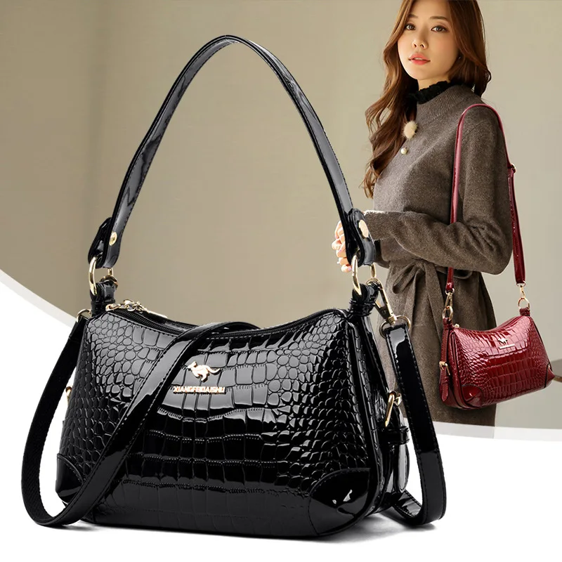 

New Style Crocodile Pattern Bright Surface Mom Handbag 2019 Fashion WOMEN'S Leather Messenger Bag Versatile Shoulder Bag
