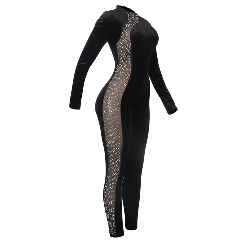 Preto de veludo macacão feminino elegância strass