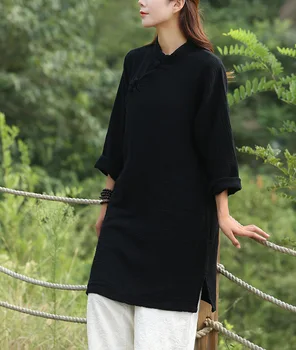 

The new cotton and linen dress Chinese national wind restoring ancient ways button double cotton knit robe long sleeve shirts