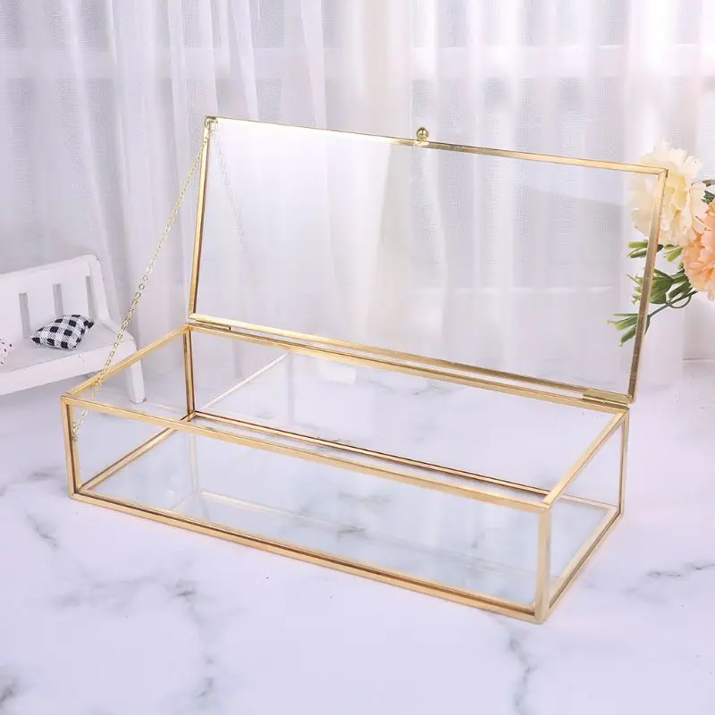 Vintage Golden Glass Box Jewelry Display Clear Rectangle Box Rings Xmas Gift Box 
