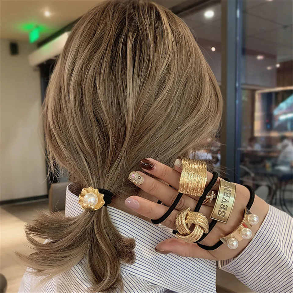 Fashion Women Gold Alloy Hair Ties For Girls Ponytail Holder Pearl Elastic Hair Ropes Bands Punk Gothic Letter Hair Accessories gothic ii gold edition pc